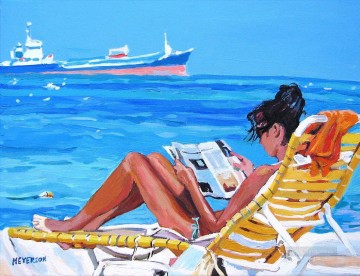  leyendo Pintura - niña leyendo en la playa